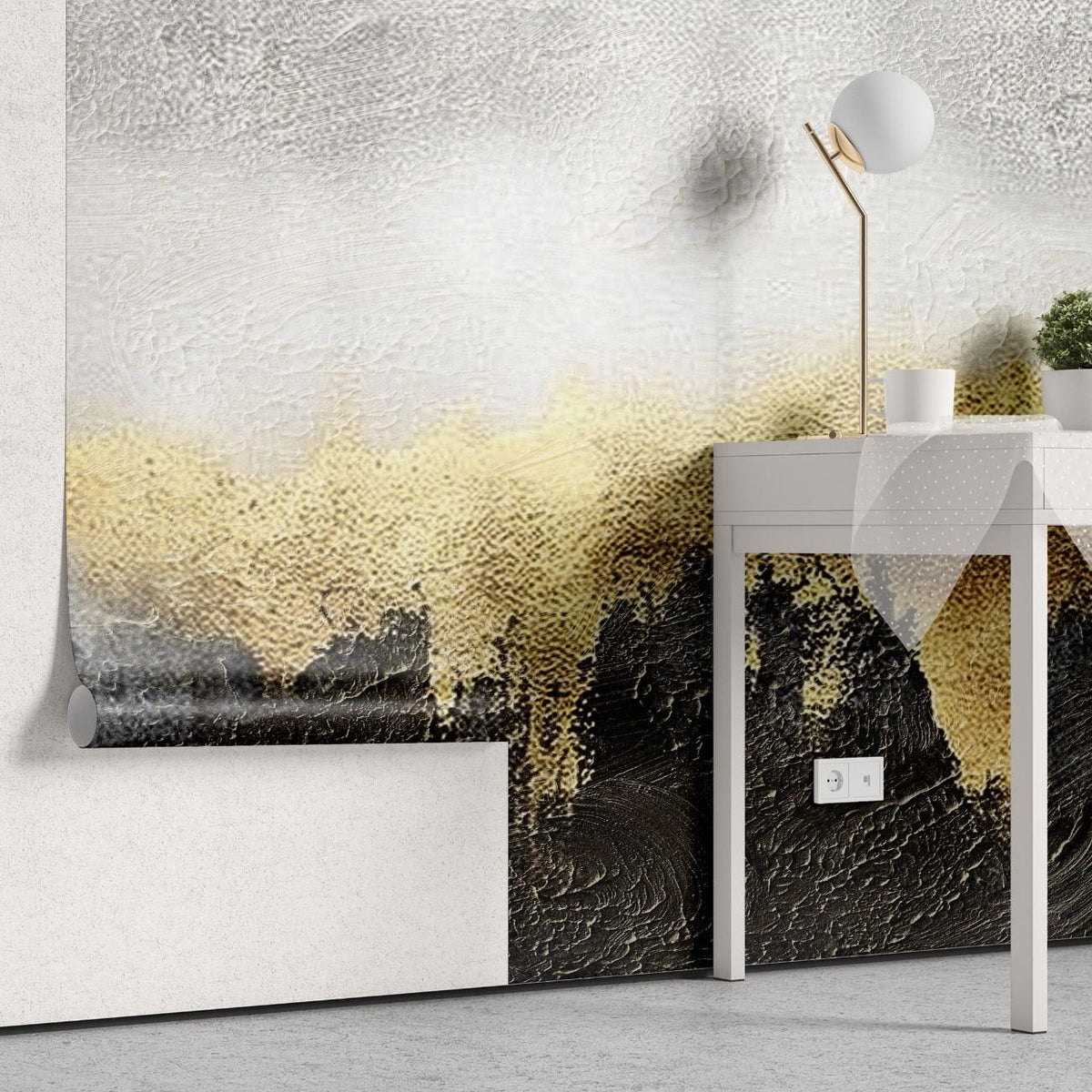 Tapet personalizat abstract cu un efect estompat de auriu si carbune creand o atmosfera misterioasa si eleganta blurry gold charcoal