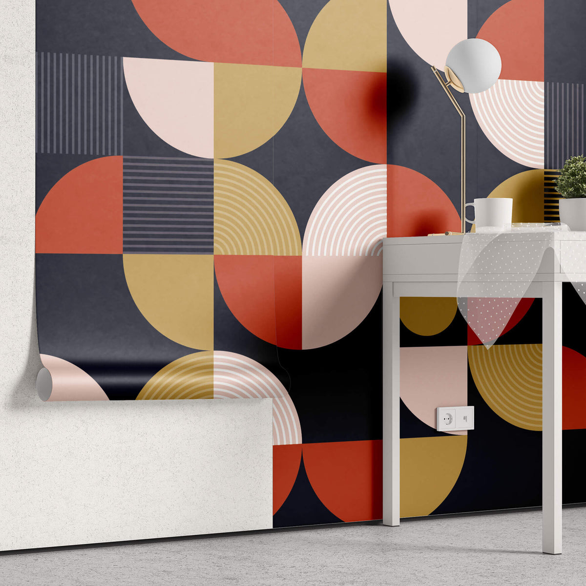Tapet Personalizat Abstract cu un model neo-geometric in nuante de rosu albastru inchis si roz - NEO GEOMETRIC