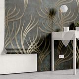 Tapet Personalizat Abstract cu ramuri aurii pe un fundal verde inchis - GOLDEN BRANCH