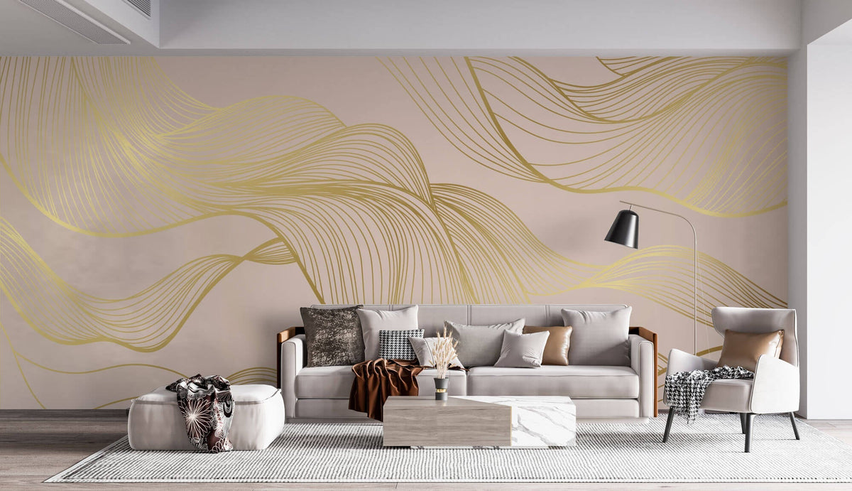 Tapet Personalizat Abstract cu unde aurii pe un fundal roz - SOFT GODDESS