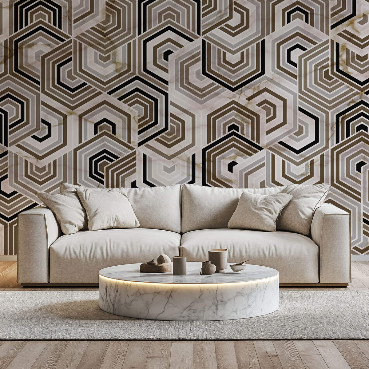 Tapet Personalizat Abstract cu mozaic hexagonal din marmura bej si maro - ARABIAN NIGHTS