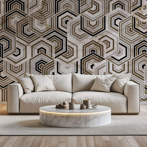 Tapet Personalizat Abstract cu mozaic hexagonal din marmura bej si maro - ARABIAN NIGHTS