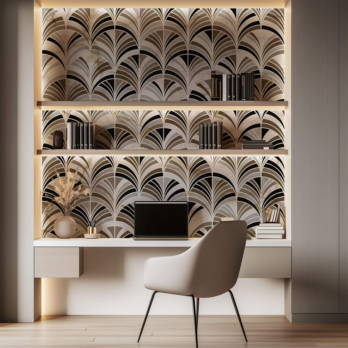 Tapet Personalizat Abstract cu mozaic evantai din marmura bej si maro - FAN MARBLE