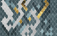 Tapet Personalizat Abstract cu solzi abstracti in nuante de gri albastru si auriu - BLUE GOLDEN FLAKES