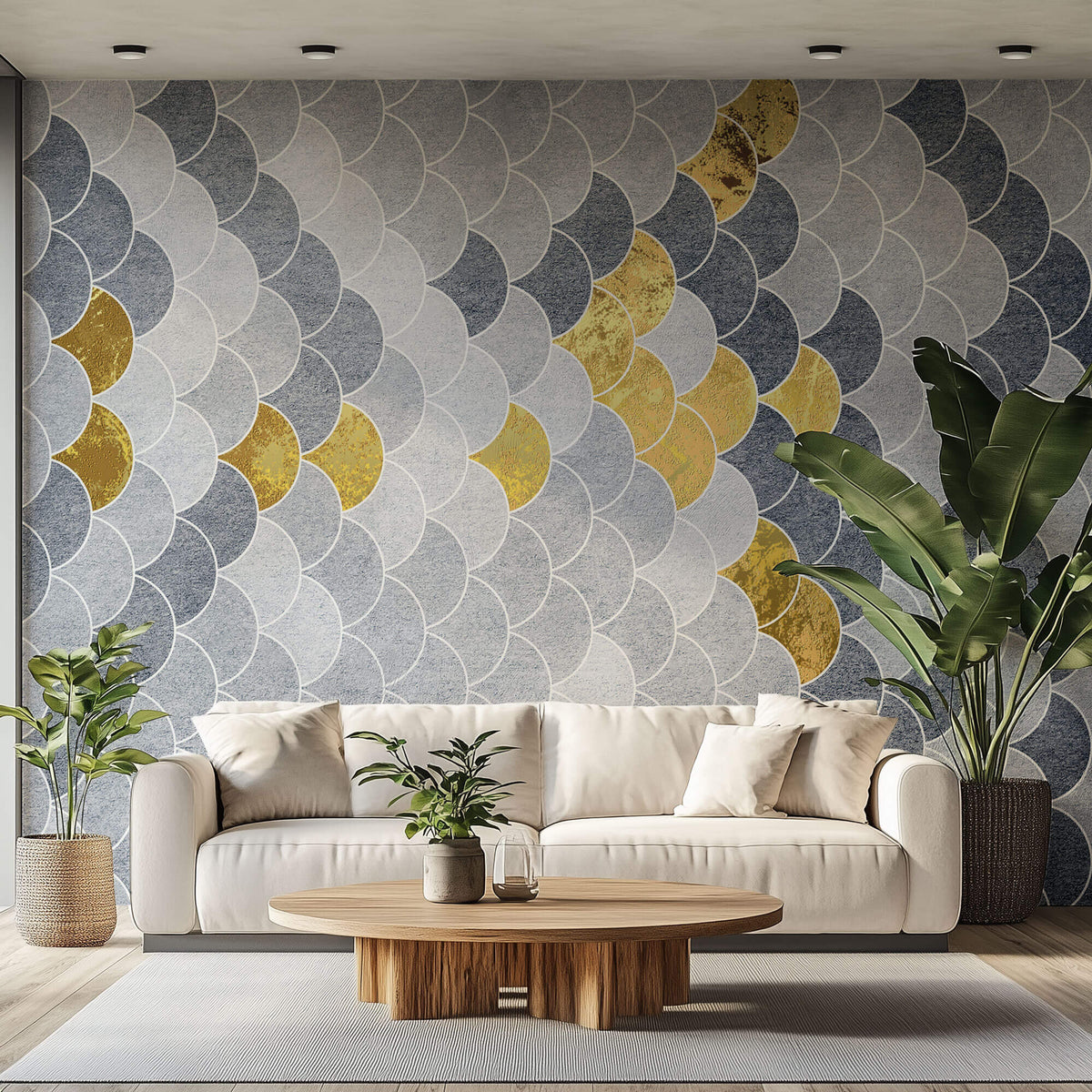 Tapet Personalizat Abstract cu solzi abstracti in nuante de gri si auriu - GREY GOLDEN FLAKES
