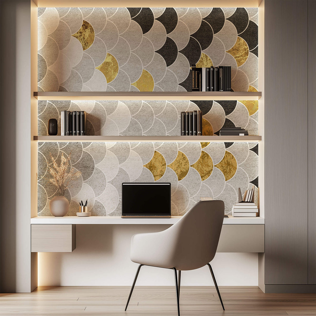 Tapet Personalizat Abstract cu solzi abstracti in nuante de maroniu bej si auriu - BEIGE GOLDEN FLAKES