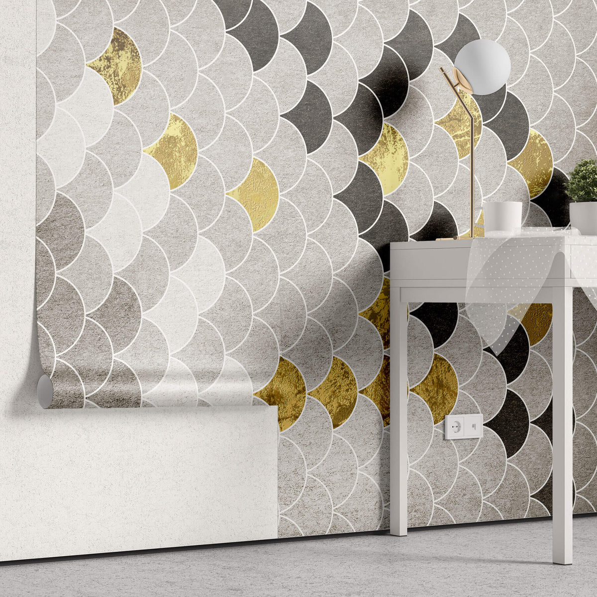 Tapet Personalizat Abstract cu solzi abstracti in nuante de maroniu bej si auriu - BEIGE GOLDEN FLAKES