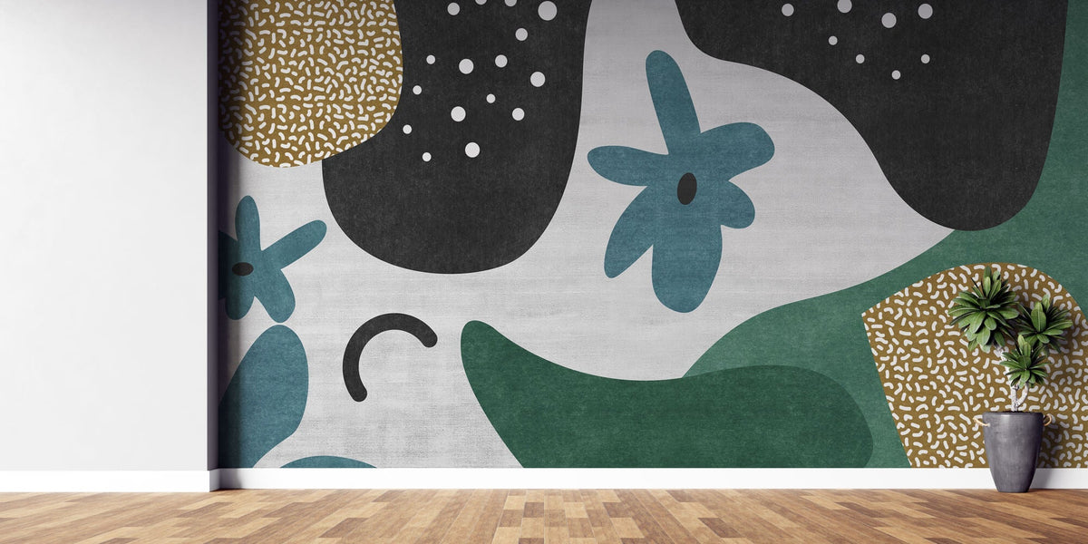 Tapet Personalizat Abstract cu elemente jucause colorate in nuante de negru si verde - PLAYFUL ABSTRACT