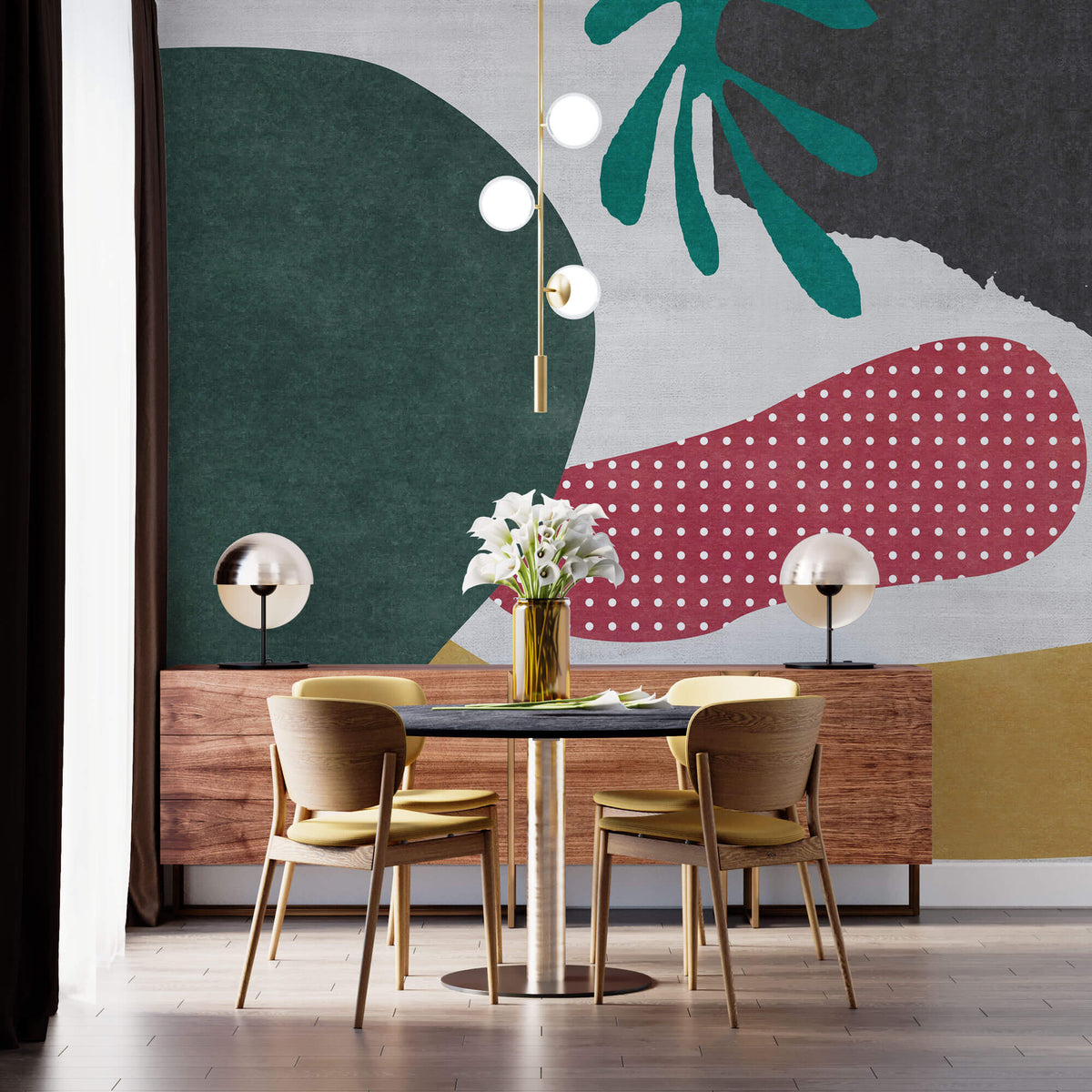 Tapet Personalizat Abstract cu elemente jucause colorate in nuante de rosu si verde - FOREST GREEN COLLAGE