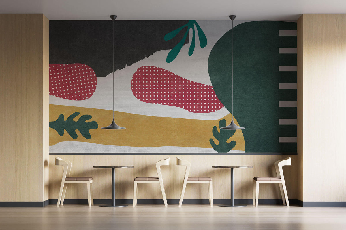 Tapet Personalizat Abstract cu elemente jucause colorate in nuante de rosu si verde - FOREST GREEN COLLAGE