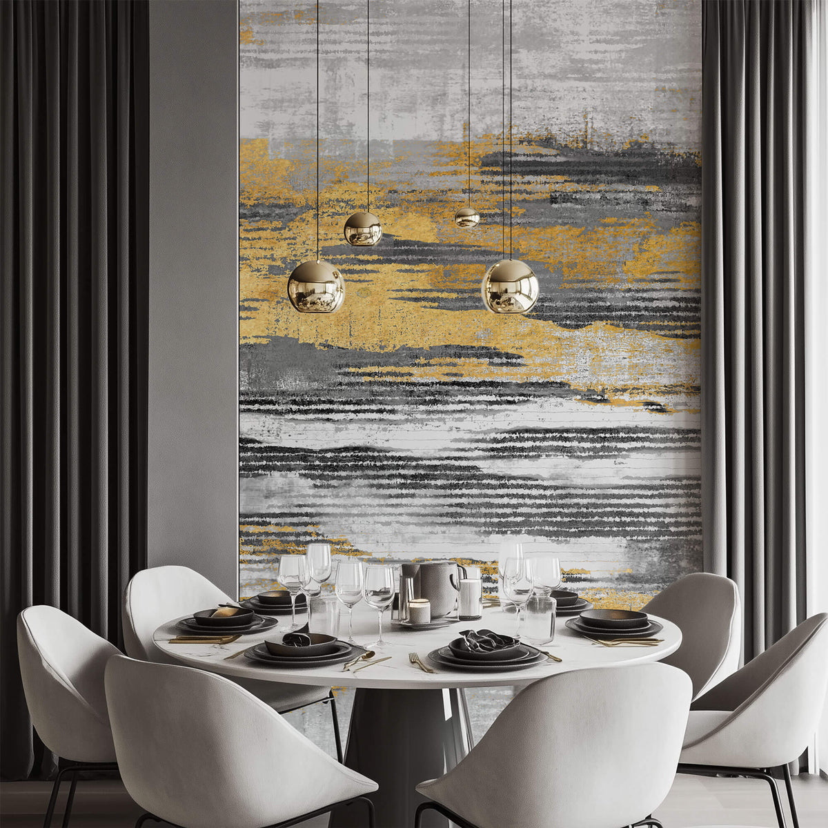 Tapet Personalizat Abstract cu plaster decorativ in nuante de gri si auriu - STRIPE PLASTER