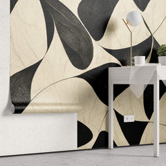 Tapet Personalizat Abstract cu design estetic modern cu frunze negre si fundal crem - ABSTRACT BLACK LEAVES