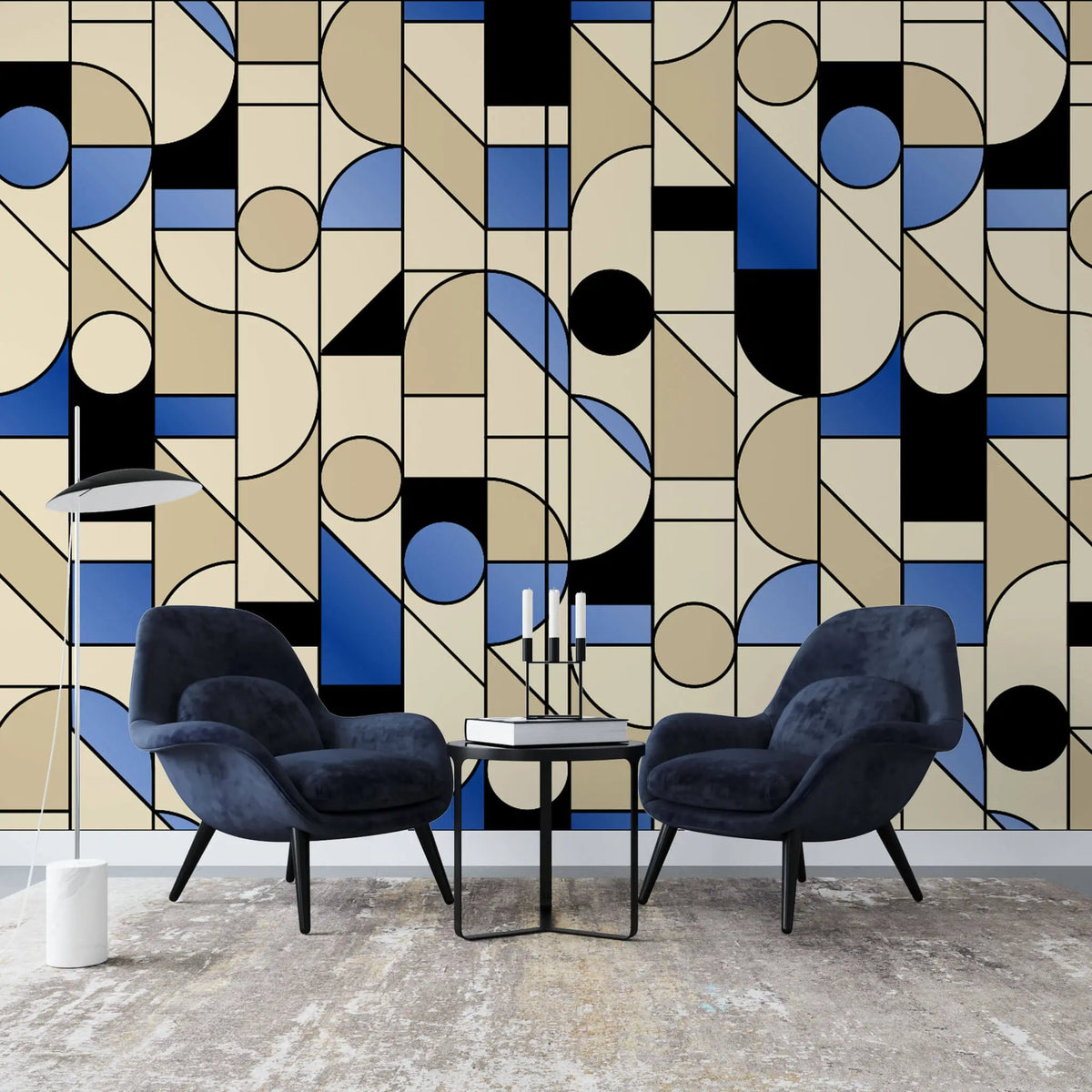 Tapet personalizat art deco cu frome geometrice in stil bauhaus blue bauhaus