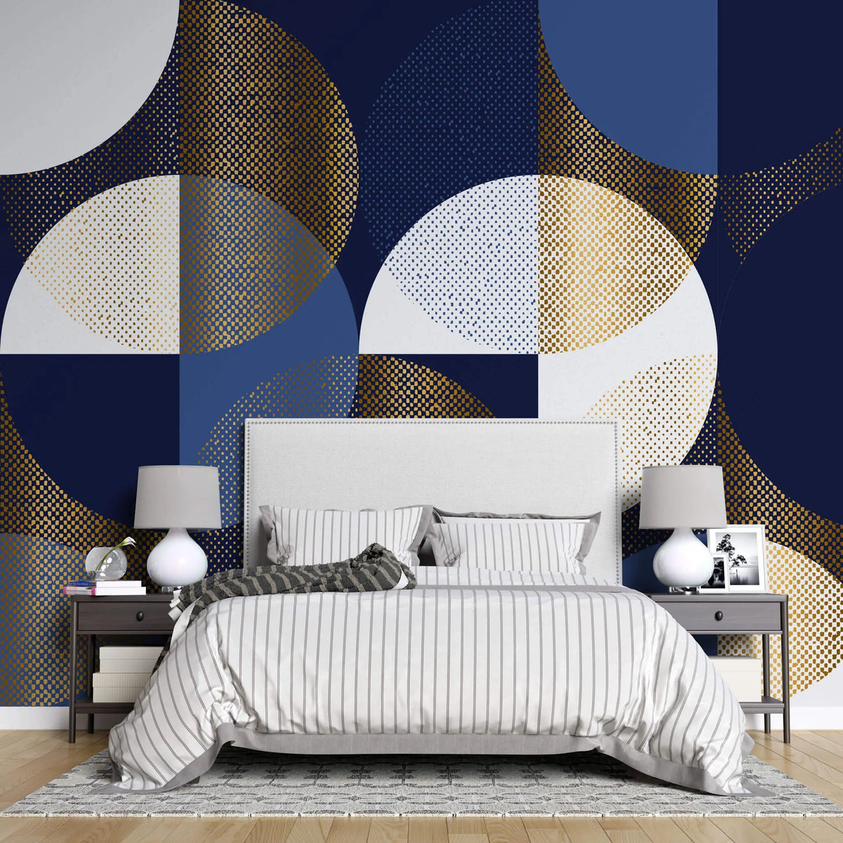 Tapet personalizat art deco cu cercuri in nuante aurii bleumarin si alb golden art print