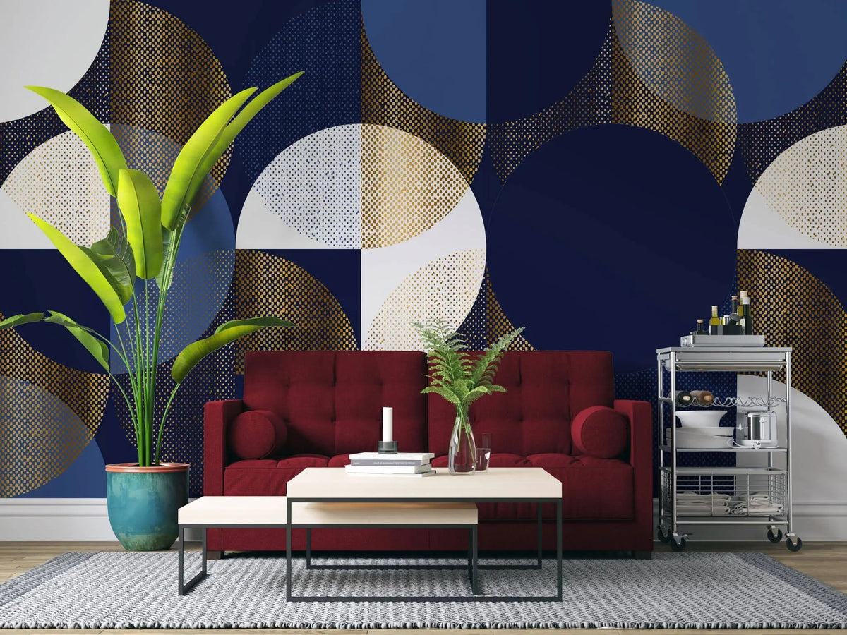 Tapet personalizat art deco cu cercuri in nuante aurii bleumarin si alb golden art print