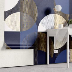 Tapet personalizat art deco cu cercuri in nuante aurii bleumarin si alb golden art print