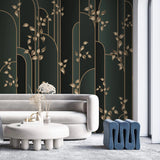 Tapet personalizat art deco cu insertii aurii pe un fundal verde inchis manami