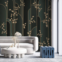 Tapet personalizat art deco cu insertii aurii pe un fundal verde inchis manami