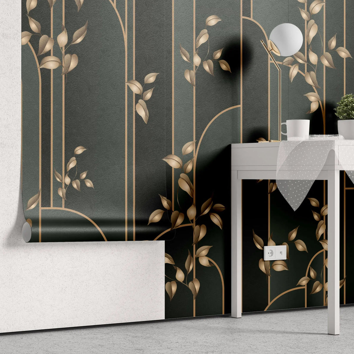Tapet personalizat art deco cu insertii aurii pe un fundal verde inchis manami