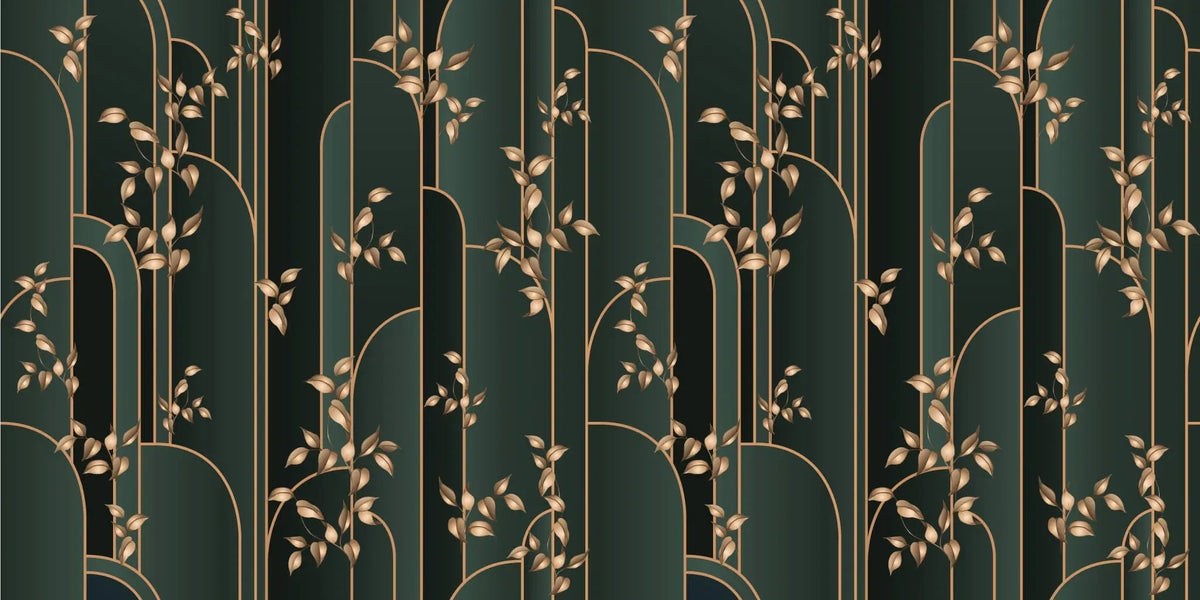 Tapet personalizat art deco cu insertii aurii pe un fundal verde inchis manami