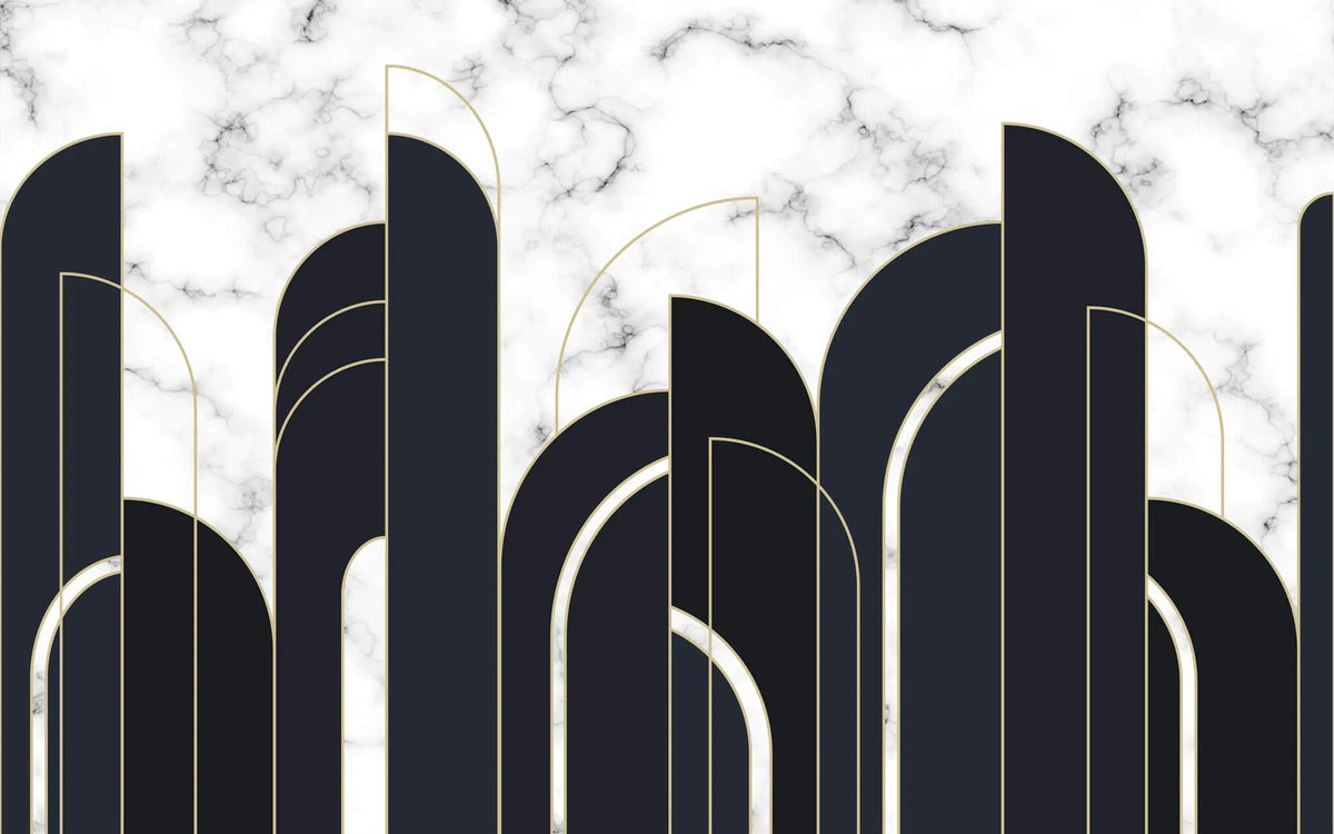 Tapet personalizat art deco cu marmura alba si neagra incadrata in arcade aurii in stil art deco golden black&white marble