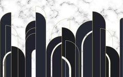 Tapet personalizat art deco cu marmura alba si neagra incadrata in arcade aurii in stil art deco golden black&white marble