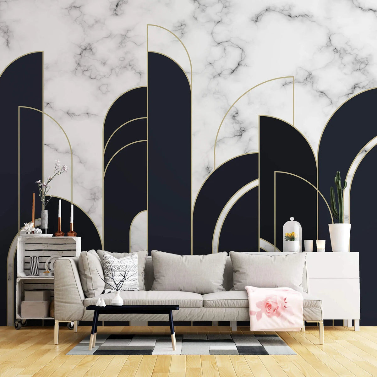 Tapet personalizat art deco cu marmura alba si neagra incadrata in arcade aurii in stil art deco golden black&white marble