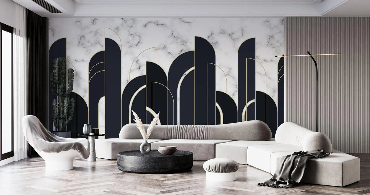 Tapet personalizat art deco cu marmura alba si neagra incadrata in arcade aurii in stil art deco golden black&white marble