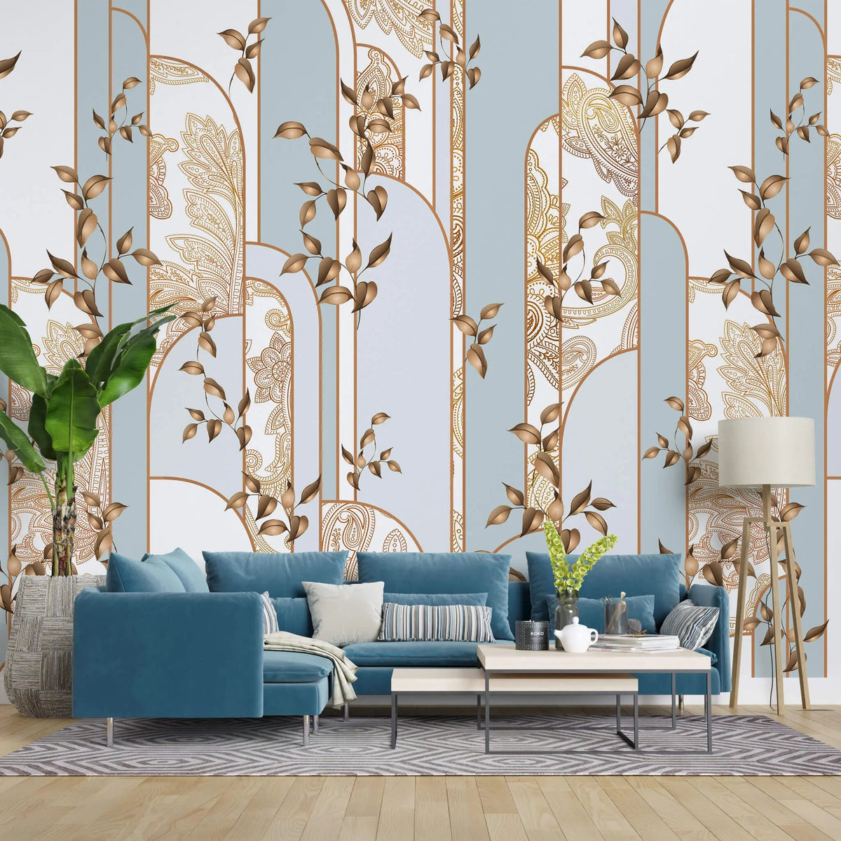 Tapet personalizat art deco cu elemente florale in nuante de bronz si verde menta bronze&mint art deco