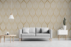 Tapet personalizat art deco in nuante aurii cu model floral golden leaf blossom