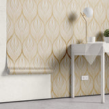 Tapet personalizat art deco in nuante aurii cu model floral golden leaf blossom