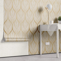 Tapet personalizat art deco in nuante aurii cu model floral golden leaf blossom