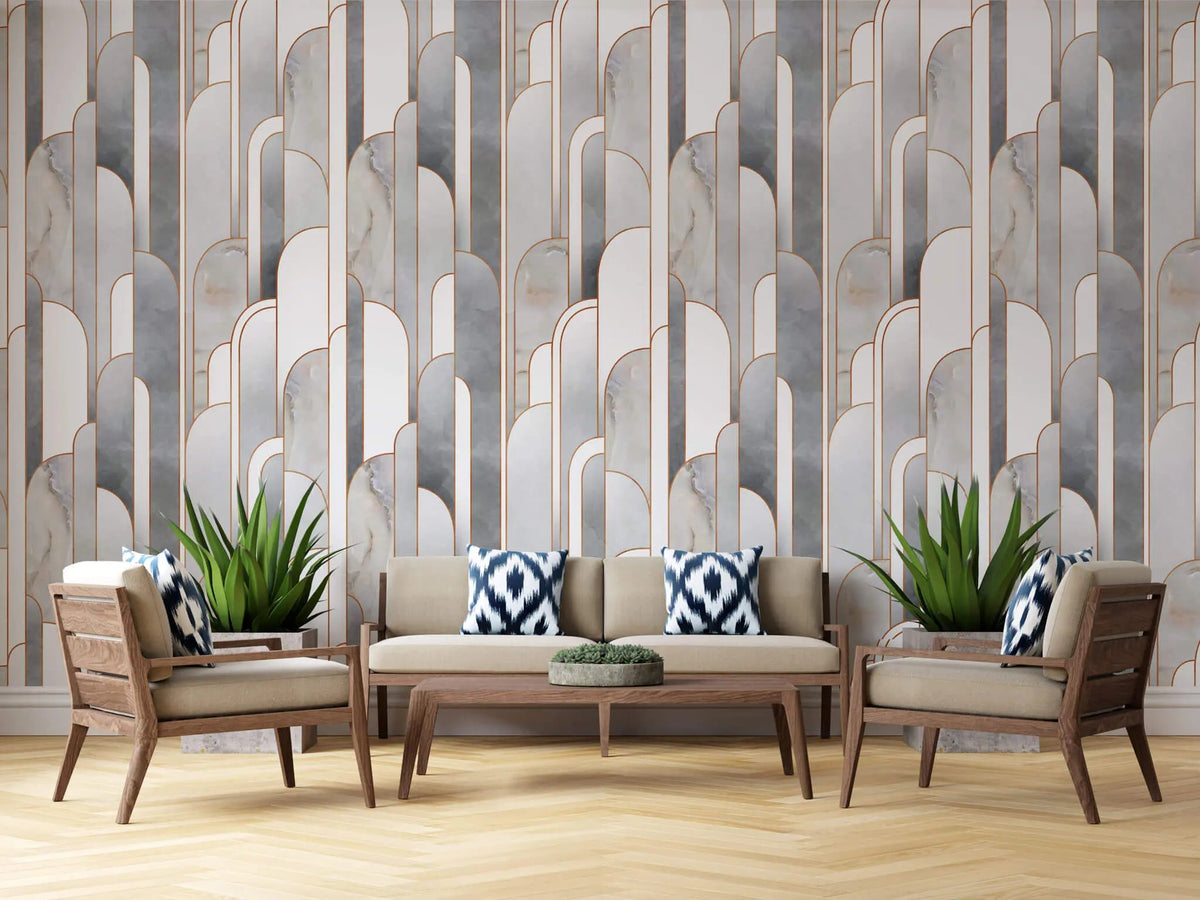 Tapet personalizat art deco cu marmura incadrata in arcade specifice stilului art deco marble towers