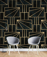 Tapet personalizat art deco cu forme geometrice aurii intr un fundal verde alpin gold pine