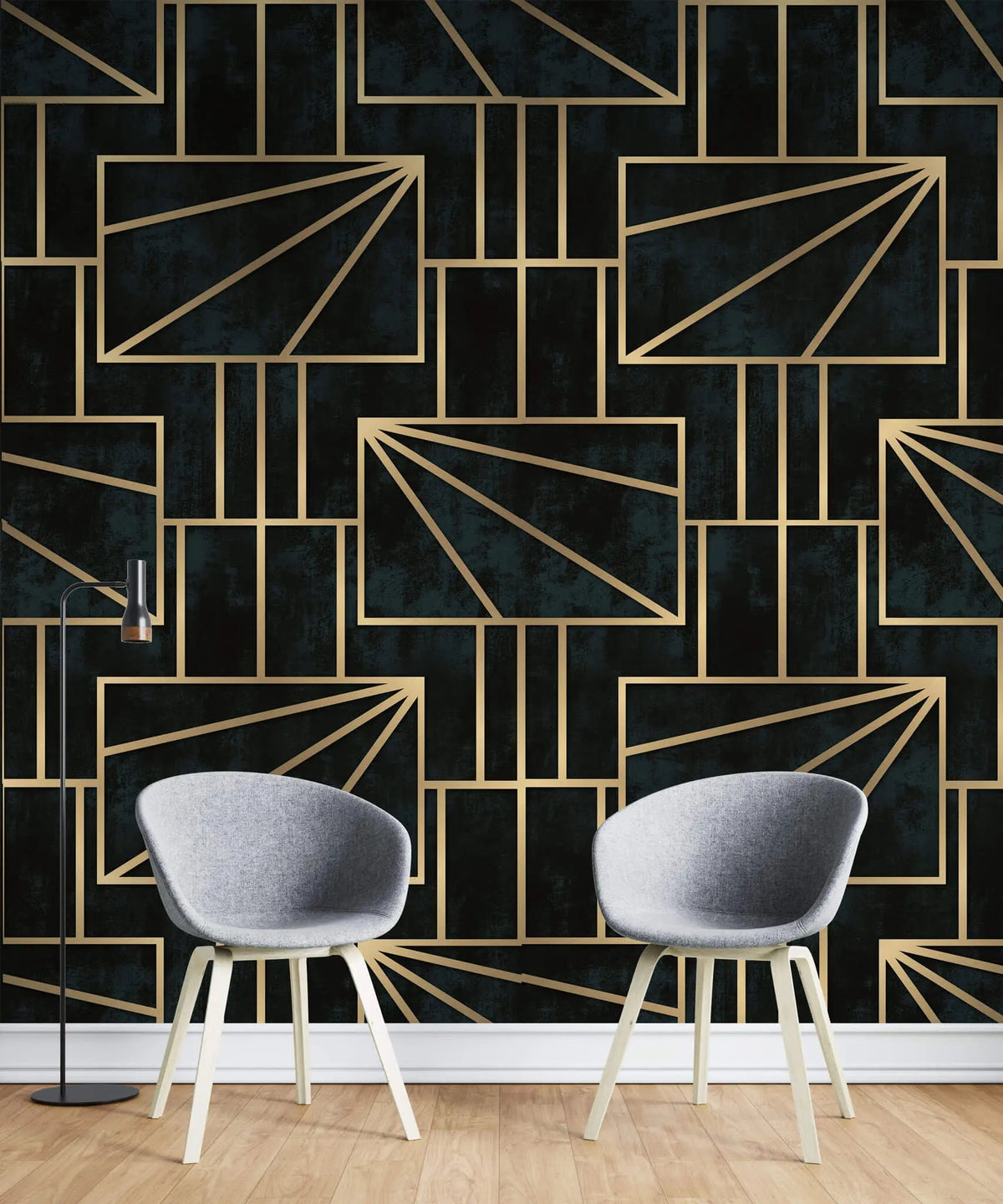Tapet personalizat art deco cu forme geometrice aurii intr un fundal verde alpin gold pine