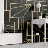 Tapet personalizat art deco cu forme geometrice aurii intr un fundal verde alpin gold pine