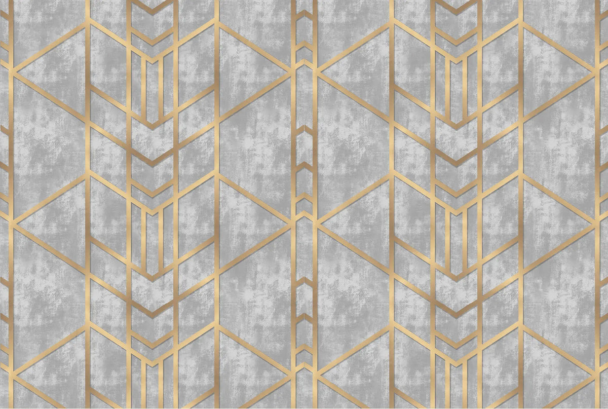 Tapet personalizat art deco cu forme geometrice aurii pe un fundal cimentat golden concrete