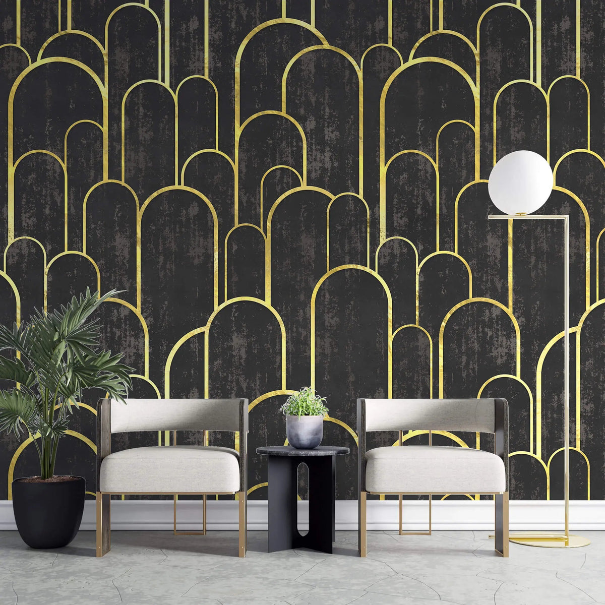 Tapet personalizat art deco cu arcade aurii pe fundal negru texturat in stil art deco golden black arches