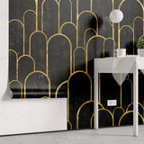Tapet personalizat art deco cu arcade aurii pe fundal negru texturat in stil art deco golden black arches