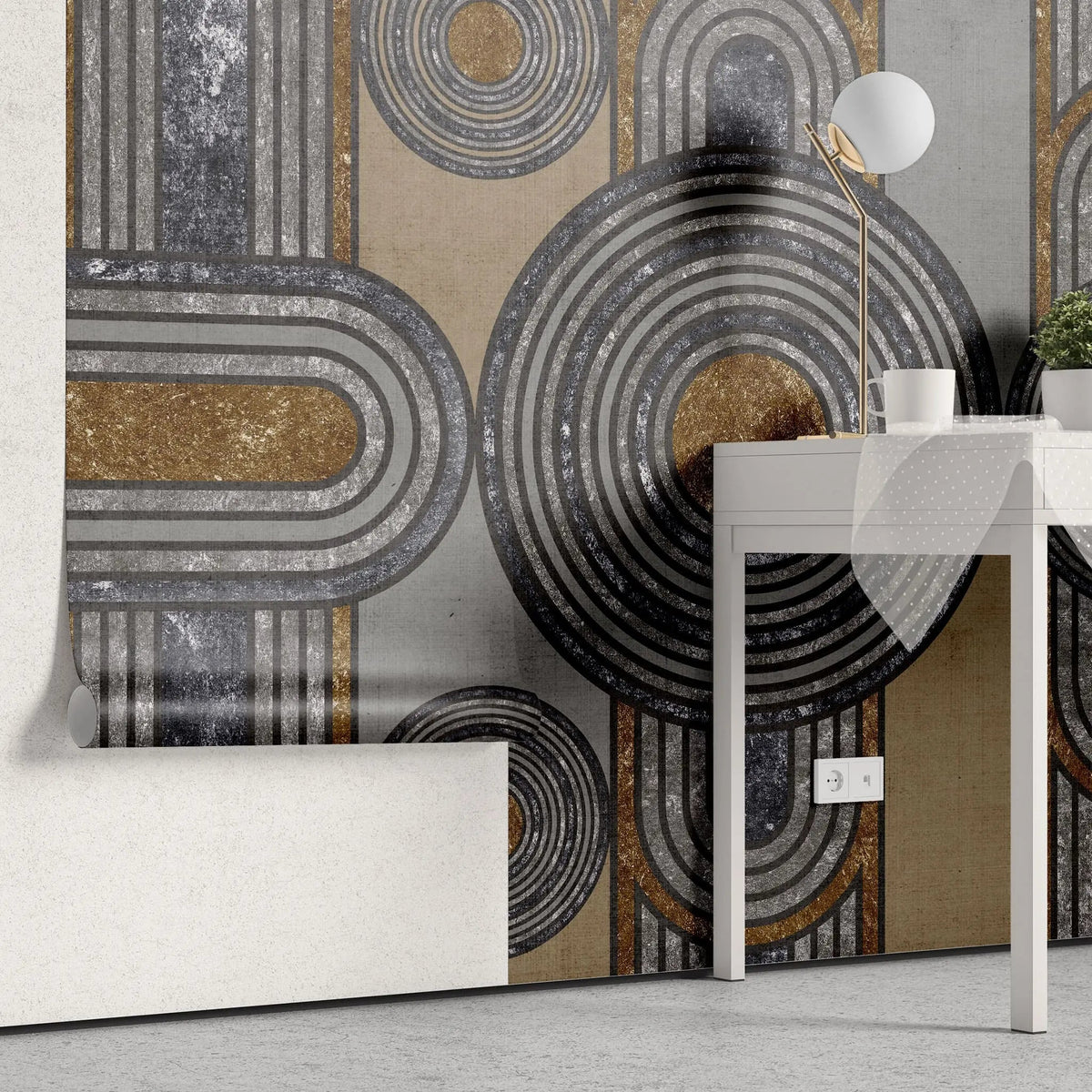Tapet personalizat art deco cu figuri de inspiratie art deco cu textura de antracit si bronz anthracite