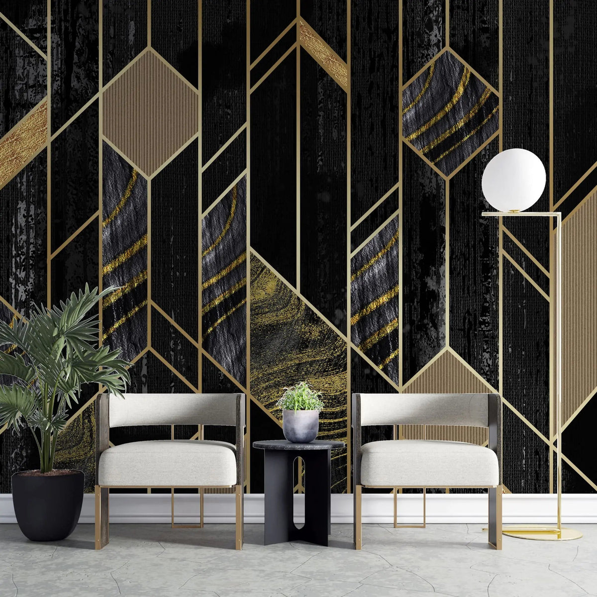 Tapet personalizat art deco de inspiratie art deco in nuante de negru obsidian si detalii aurii obsidian gold