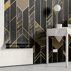 Tapet personalizat art deco de inspiratie art deco in nuante de negru obsidian si detalii aurii obsidian gold