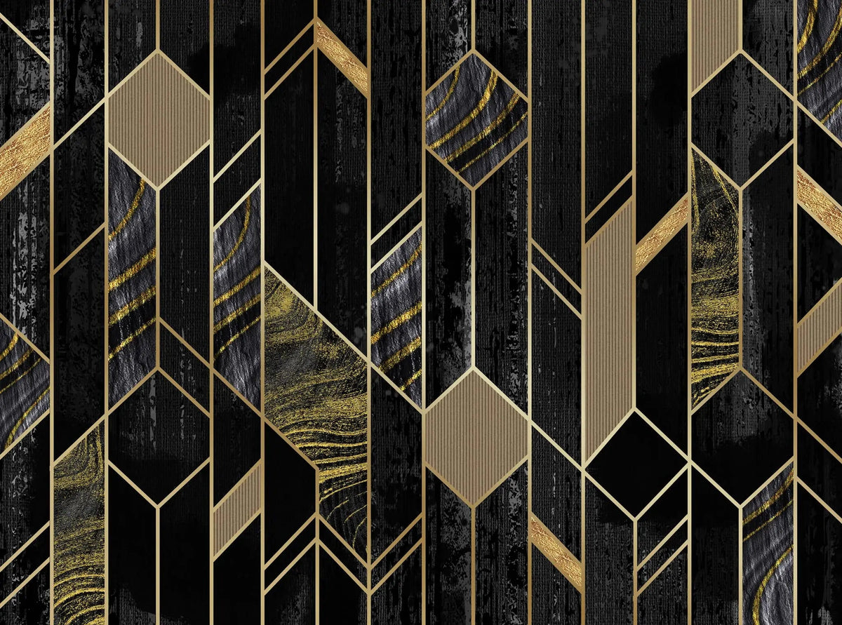 Tapet personalizat art deco de inspiratie art deco in nuante de negru obsidian si detalii aurii obsidian gold