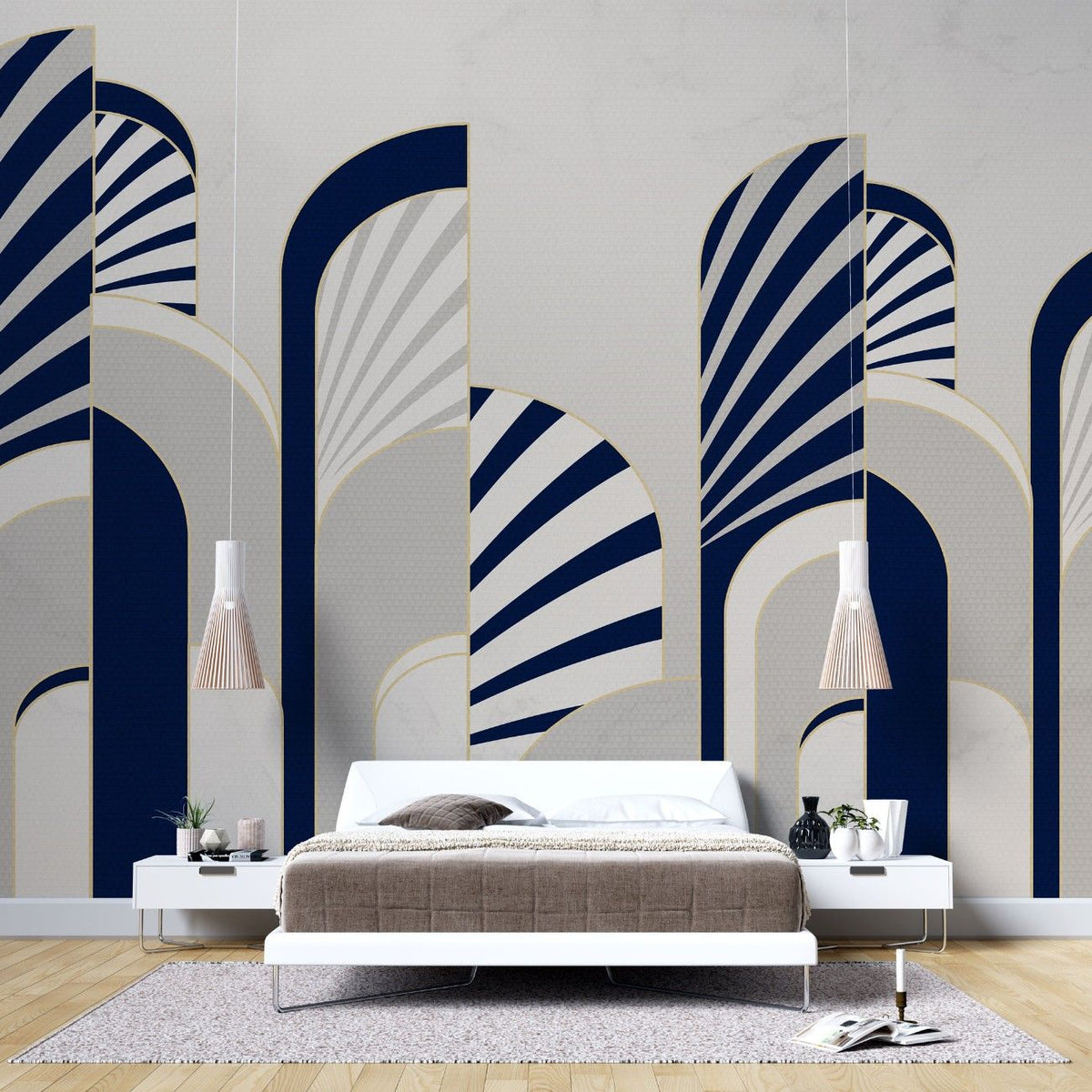 Tapet personalizat art deco cu arcade specifice stilului care combina eleganta art deco cu simplitatea stilului modern si al contrastului indraznet de culoare