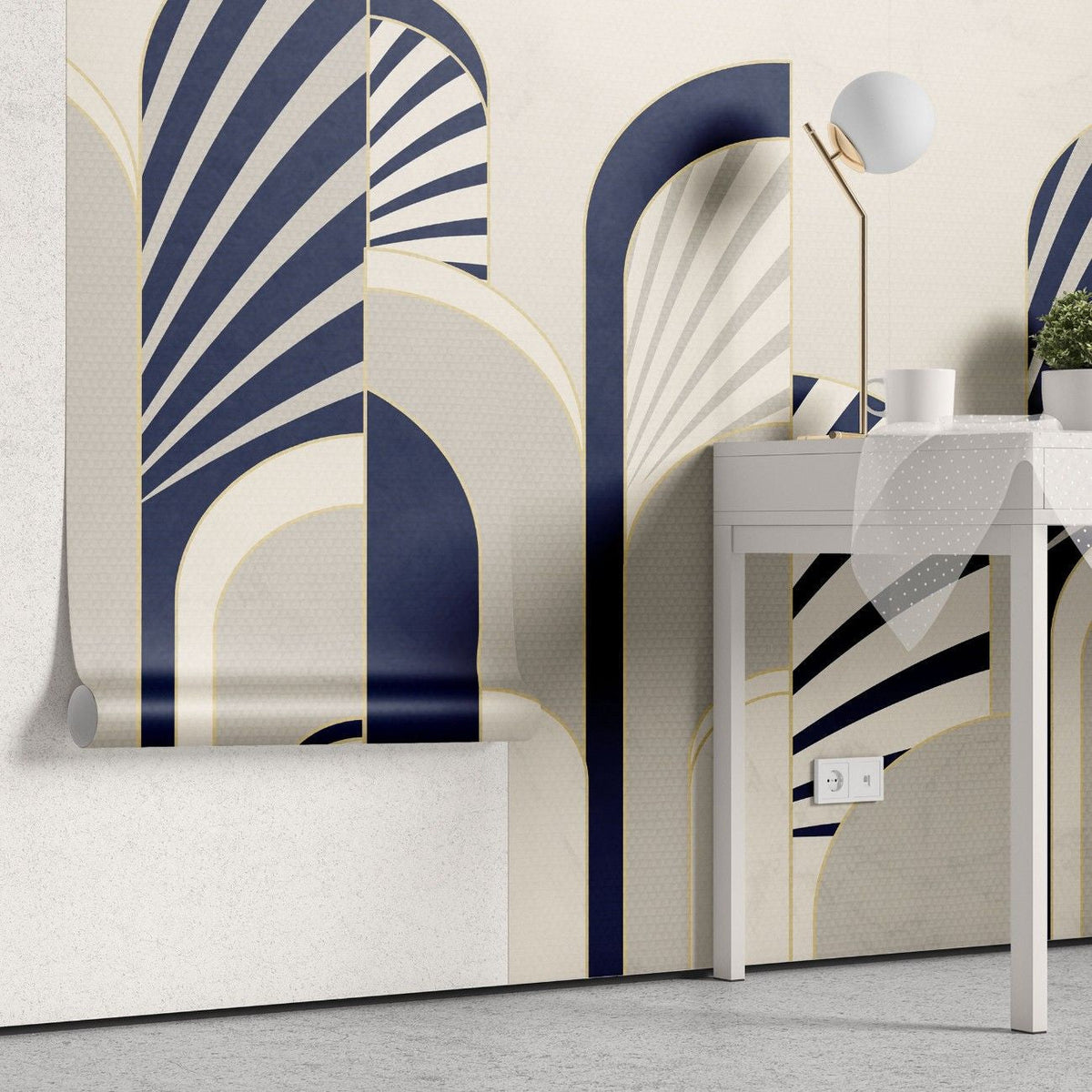 Tapet personalizat art deco cu arcade specifice stilului care combina eleganta art deco cu simplitatea stilului modern si al contrastului indraznet de culoare