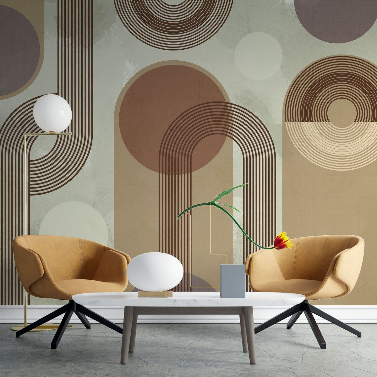 Tapet personalizat art deco in tonuri calde retro combinate intr un design minimalist cu contrast placut de culoare