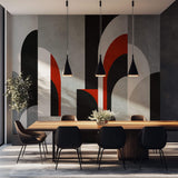 Tapet Personalizat Art Deco cu structuri de arcade in nuante de negru si rosu i fundal texturat - BACCARAT ROUGE