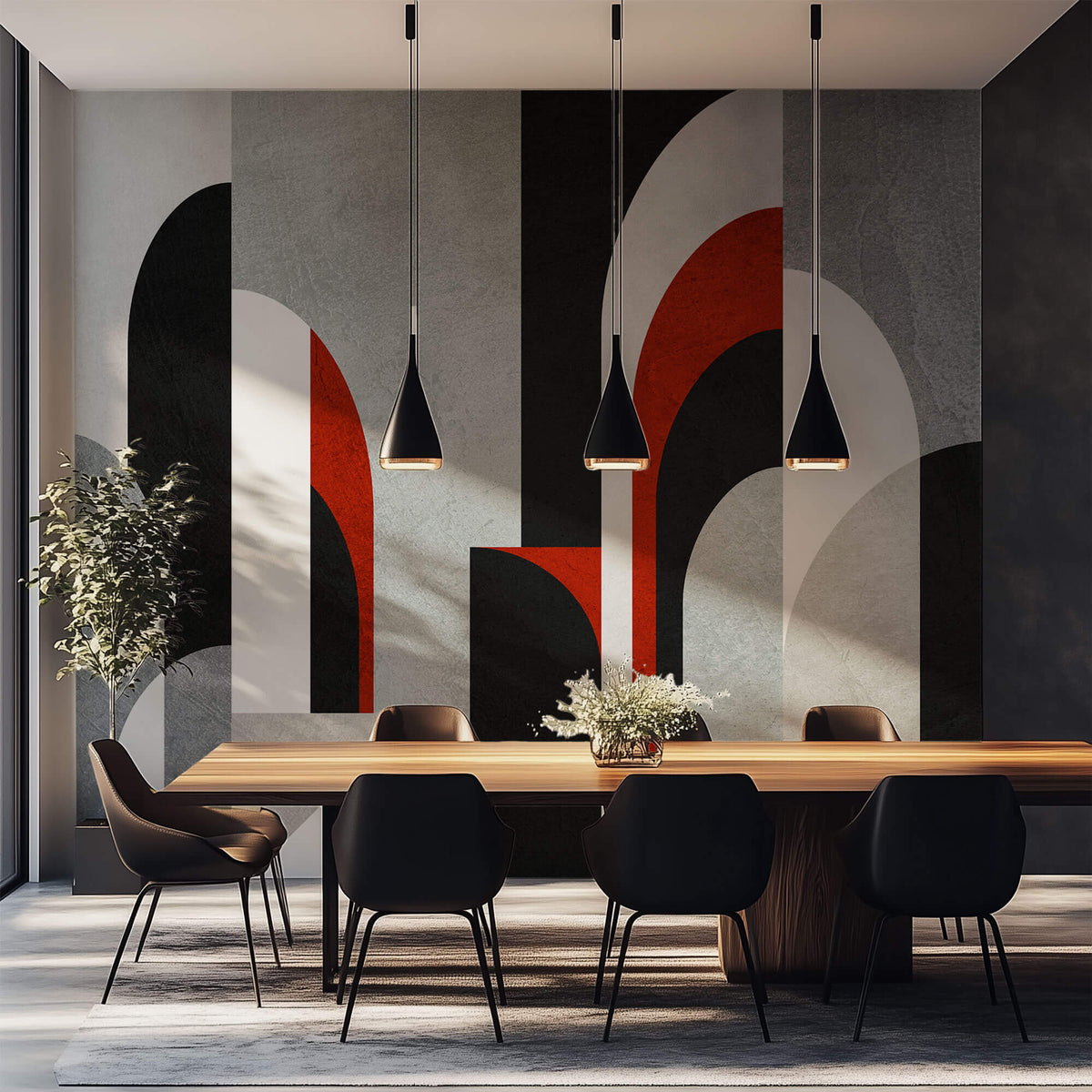 Tapet Personalizat Art Deco cu structuri de arcade in nuante de negru si rosu i fundal texturat - BACCARAT ROUGE