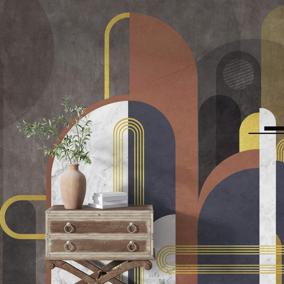 Tapet Personalizat Art Deco cu arcade de marmura insertii aurii si nuante pamantii de fundal - FUTURISTIC ART DECO