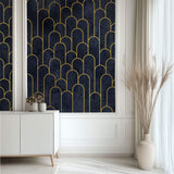 Tapet Personalizat Art Deco arcade cu contur auriu pe un fundal albastru texturat - MIDNIGHT MERMAID